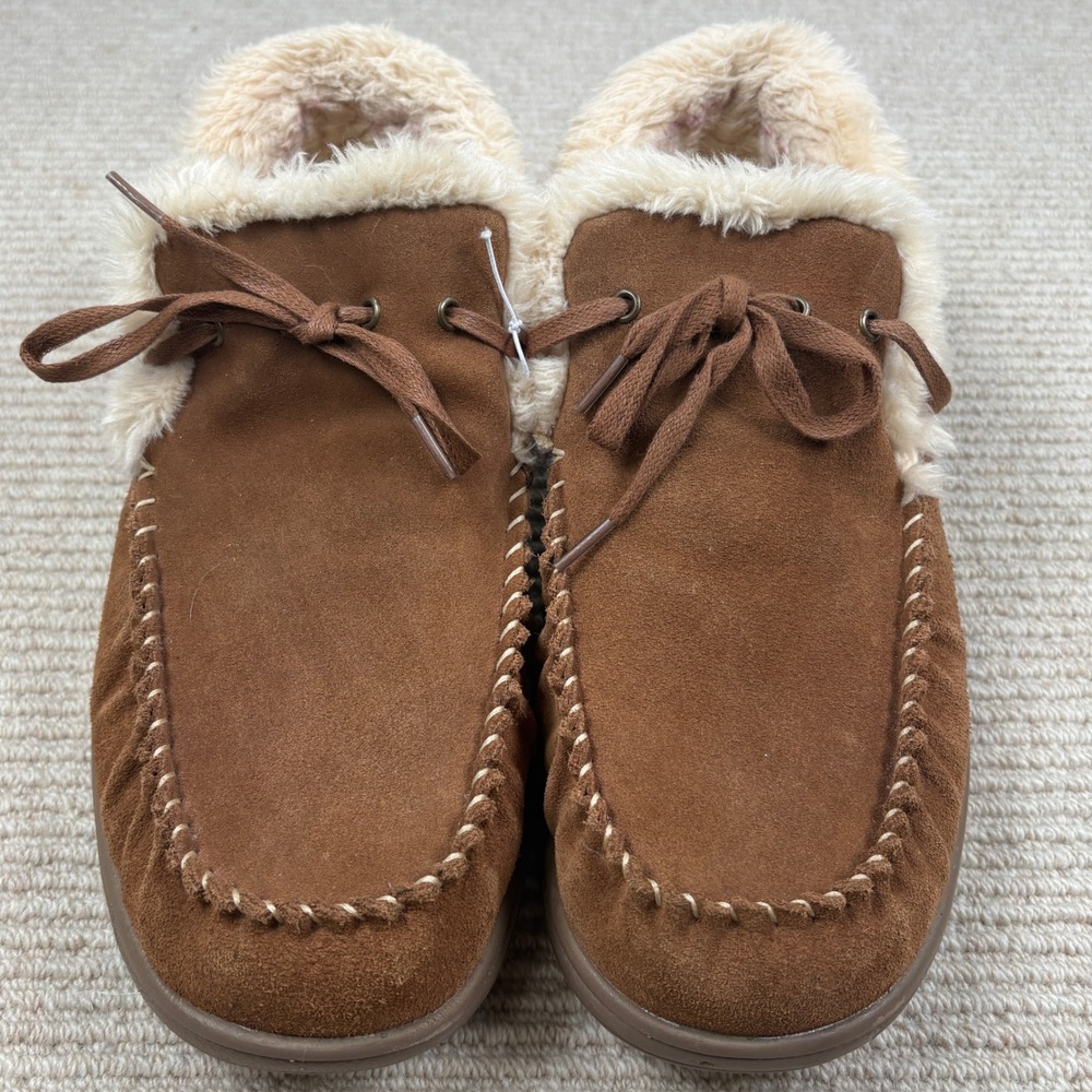 Orthofeet Tuscany Moccasin Slippers Mens 11 Wide Brown Suede Faux Fur Cozy 2E